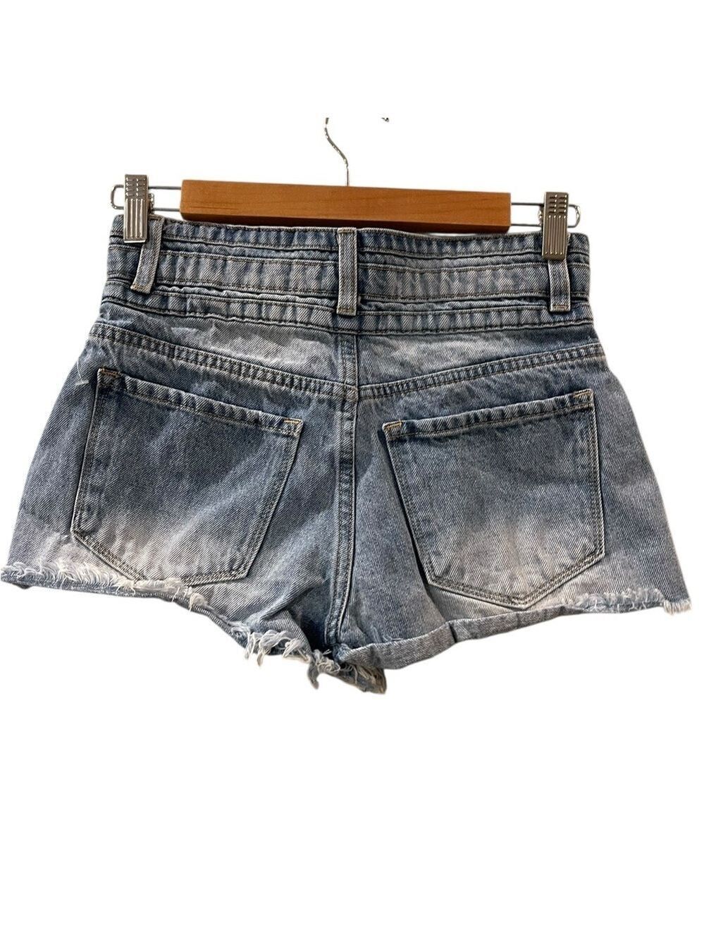 KanCan Cut Off Jean Shorts Women’s Blue Frayed 3 Button Fly High Rise Size: 1/24